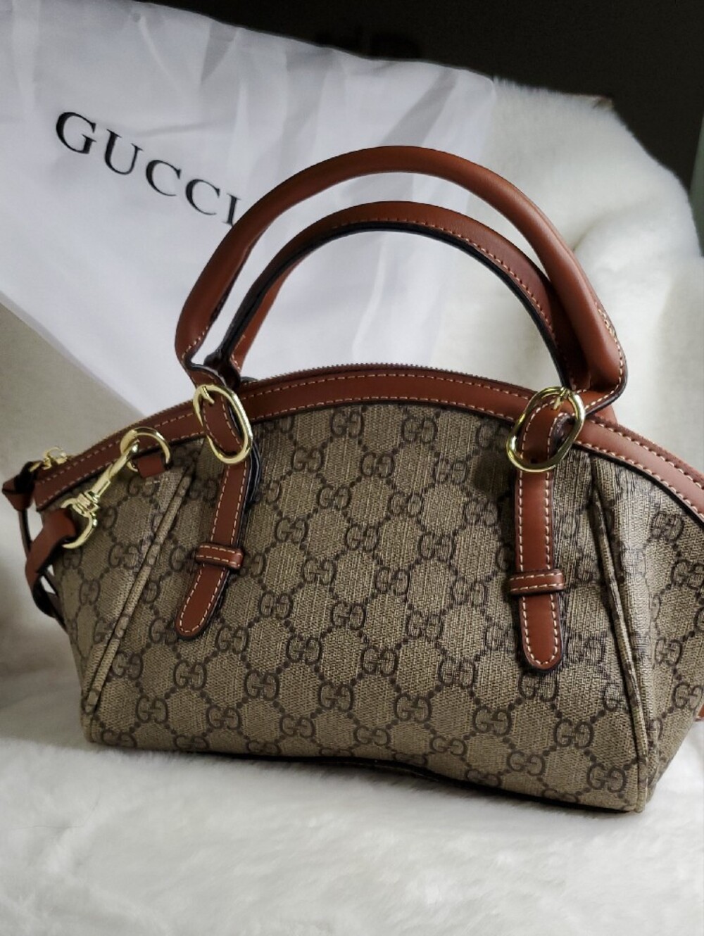 GG Collection Brown GG Monogram Crossbody Satchel with Tan Trim - Picture 5 of 11